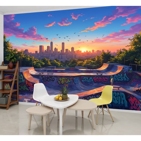 Graffiti Wallpaper Graffiti Skatepark Sunset Skyline Peel and Stick Wall Murals 69"H x 96"W Removable PVC Wall Paper Self-Adhesive Wall Paintings Art Decor for Bedroom Living Room