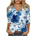 thumbnail image 2 of GaThRRgYP Summer Tops for Women,Summer Tops for Women under $10,Women's Fashionable Casual 3/4 Sleeve Off Shoulder V-neck Printed Top Blue S, 2 of 5