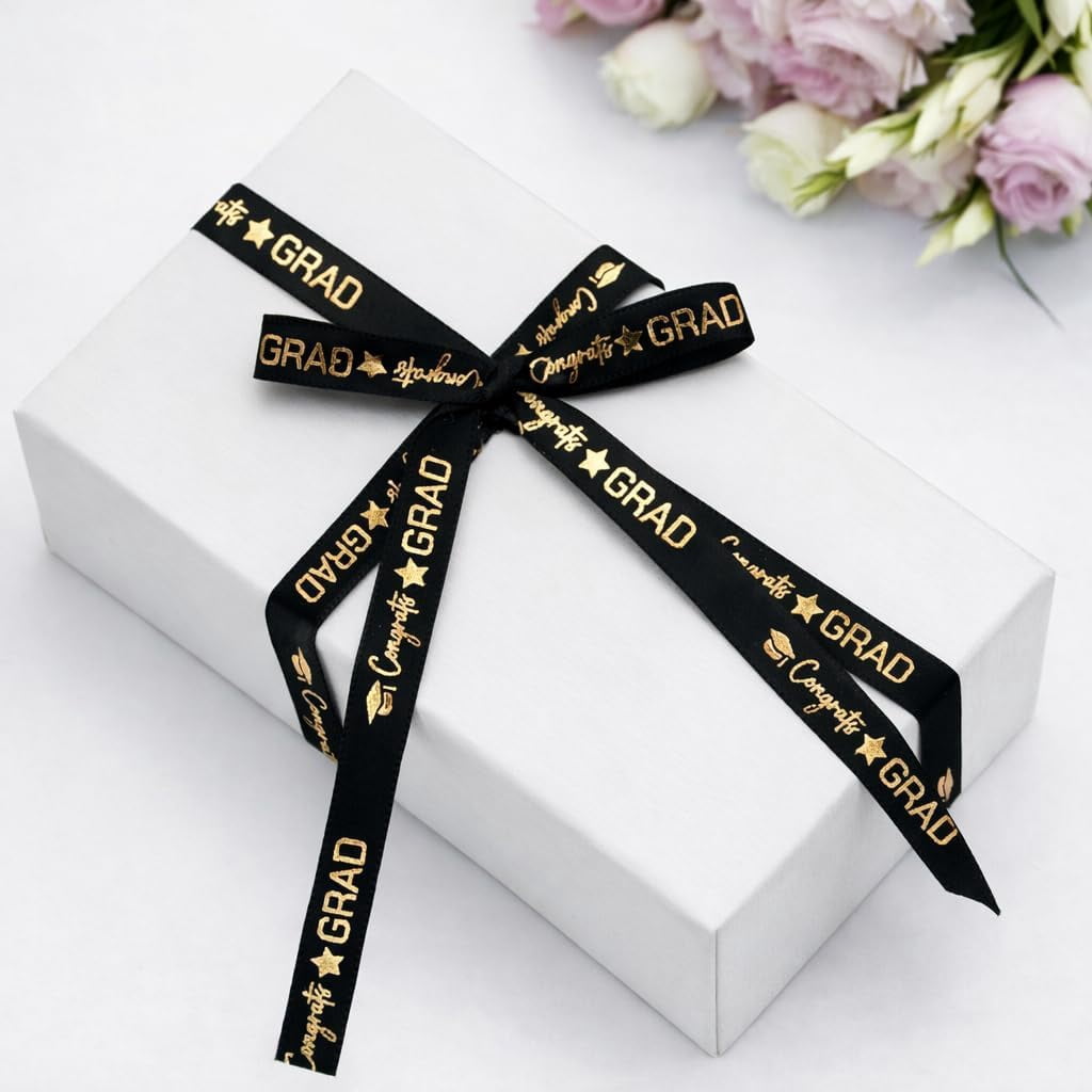 2 Rolls 2026 Graduation Ribbon - 3/8'' x 20 Yards Congrats Grad Gold Satin Ribbon for Gift Wrapping Class of 2026 Graduation Party Decorations DIY Crafts Black and White with Gold Printing