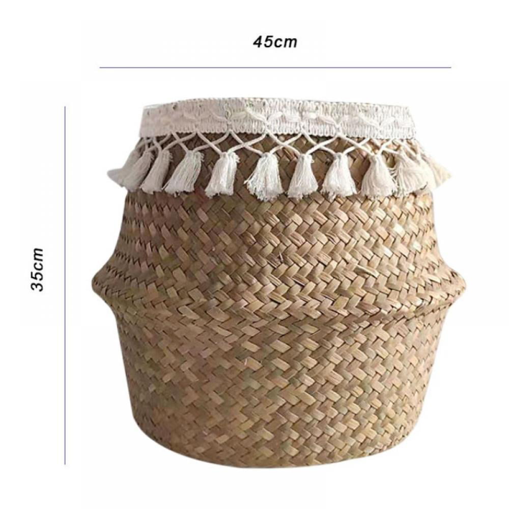 Foldable Seagrass Belly Woven Basket Flower Plants Pots Storage Bag Home Decors 