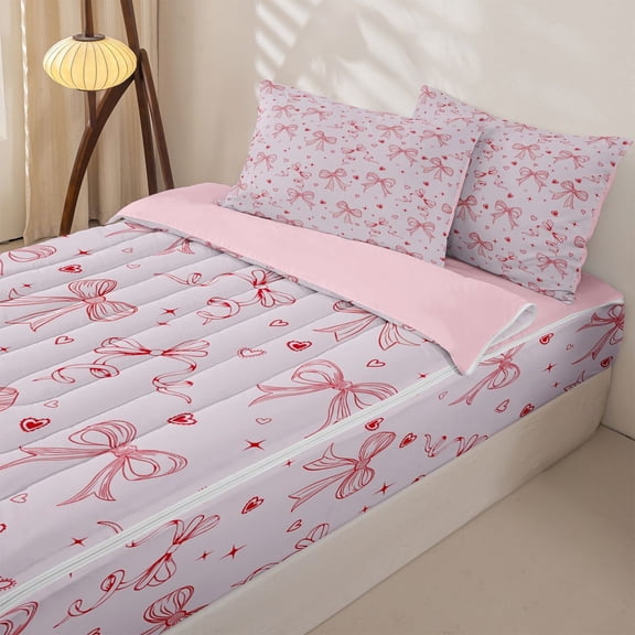 Homewish Thistle Pink Bow Zipper Twin Comforter Sets with Fitted Sheet and 2 Pillowcases for Kids, Cute Love Heart Zipper Bedding Set, Pink Reversible, 4 Pieces