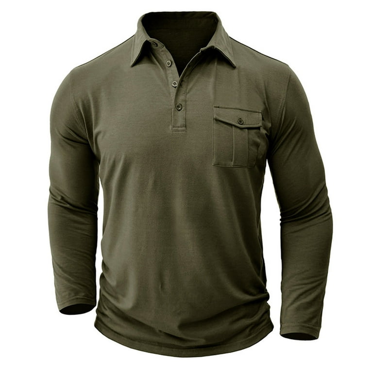 Jggspwm Men's Shirts Classic Fit Long Sleeve Button Up Dress Shirt Lapel Collar Casual Shirts with Flap Pocket Henley Shirt Formal Shirts Army Green M