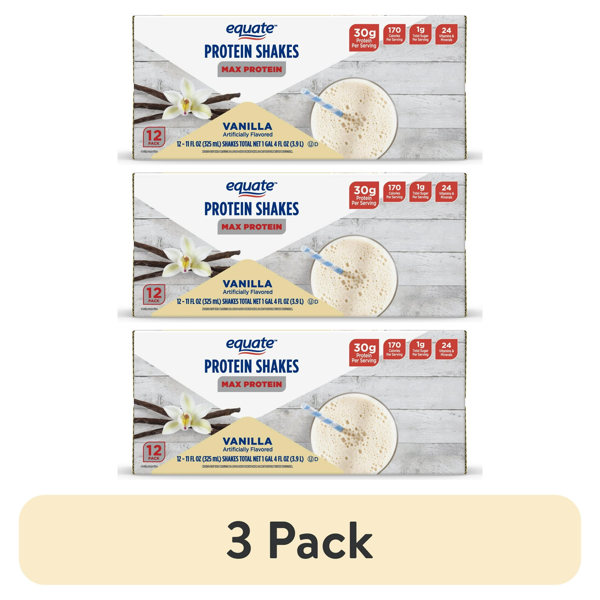 (3 pack) Equate Max Protein Nutrition Shake, Vanilla Flavored, 12 Pack (11 fl oz)