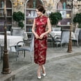 thumbnail image 6 of Women Summer Cheongsam Stand Collar Floral Print Hollow Out Split Hem Sleeveless Qipao Slim Fit Retro Chinese Style Mid-calf Length Wedding Party Cocktail Dress, 6 of 7