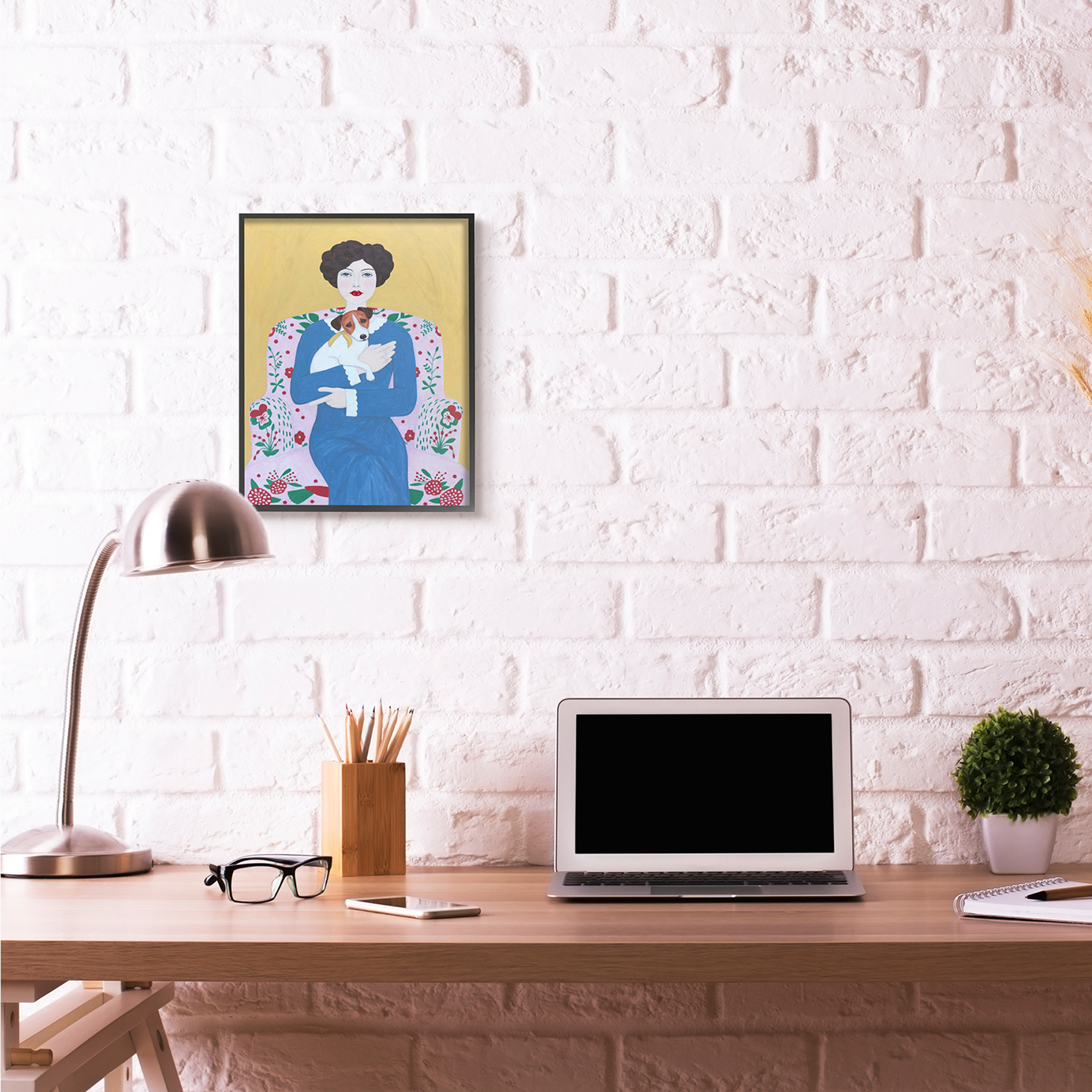 Stupell Industries Woman And Dog On Armchair Yellow Blue Animal Painting Black Framed Art Print Wall Art, 16x20, by Sally B