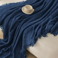 thumbnail image 4 of Exclusivo Mezcla Knitted Twin Size Blanket with Fringes for Bed, Soft and Warm Textured Blanket for All Season, Lightweight Breathable Living Room Bedding, Navy Blue, 60”x80”, 4 of 7