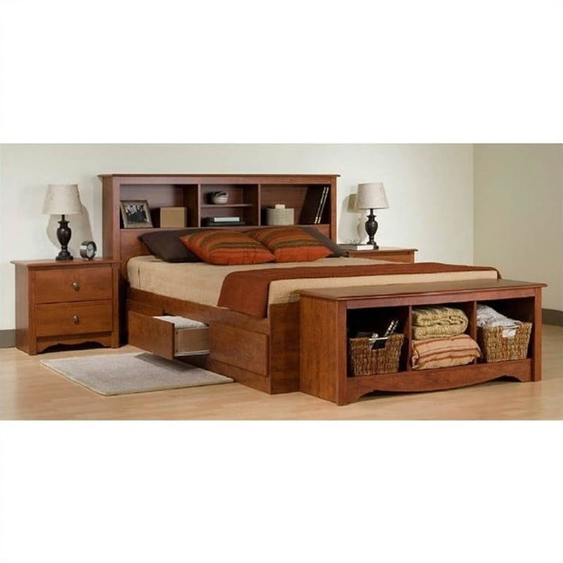 Prepac Monterey Cherry Queen Bookcase Platform Bed 3 Piece Bedroom Set