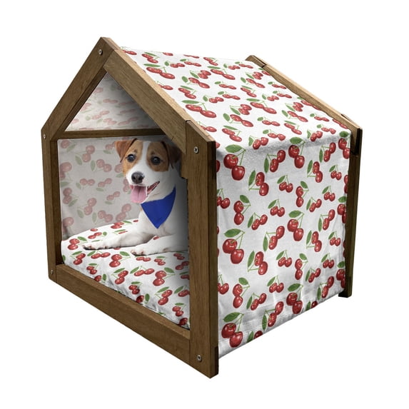Fruit Pet House, Cherry Design Fresh Berry Fruit Summer Green Garden Macro Digital Print, Outdoor & Indoor Portable Dog Kennel with Pillow and Cover, 5 Sizes, White Vermilion Green, by Ambesonne