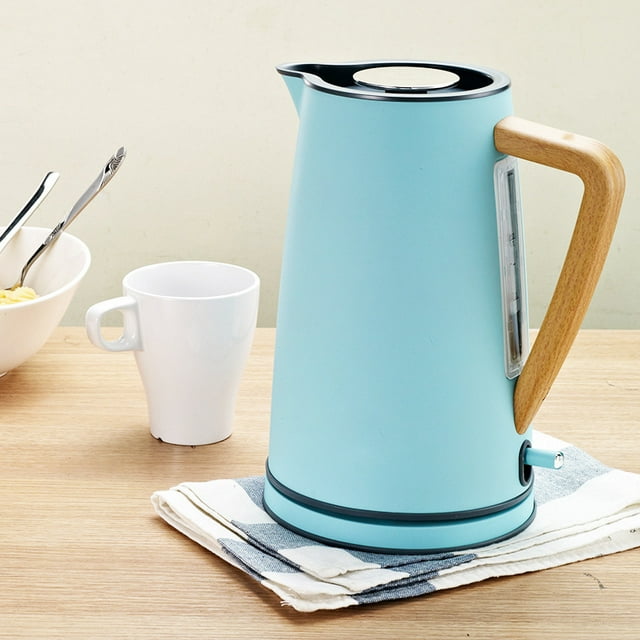 QUETO Electric Kettle 1.7 L Soft Touch Gray, Wood Handle Kettle, Blue