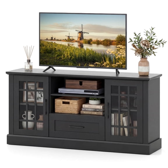 Costway Farmhouse TV Stand for TVs up to 70" Media Center with Glass Doors Cubbies & Drawer Black