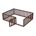 thumbnail image 4 of Full Size Floor Bed for Kids, Wood Full Montessori Bed Frame with Fence Guardrails and & Support Slats, Full Playhouse Bed with Door Design, Kids Fence Bed Playpen Bed for Boys ,Girls, Walnut, 4 of 7