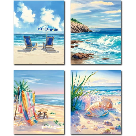 Canvas Coastal Wall Art Canvas Prints Watercolor Beach Art Posters,Living Room Tropical Landscape Wall Decor Gallery Aesthetics Set of 4 (8x10 inch Unframed)