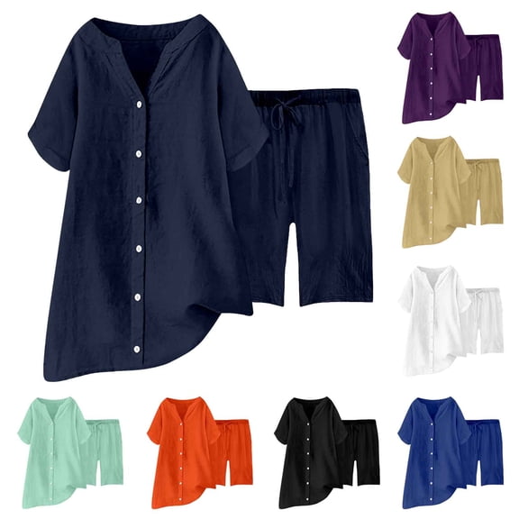 felwors Women's 2-Piece Cotton-Linen Blend Set - Short-Sleeve Button-Front Shirt & Wide-Leg Shorts | Loose-Fit, Breathable Casual Spring & Summer Outfit(Purple, M)