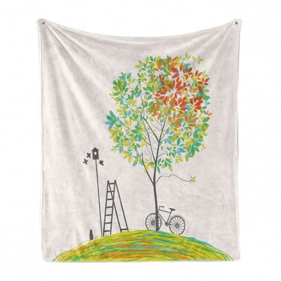 City Park Trees Soft Flannel Fleece Throw Blanket, Bicycle Stairs Bird Nest Silhouette Print, Cozy Plush for Indoor and Outdoor Use, 50" x 60", Multicolor, by Ambesonne