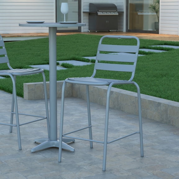 Emma Oliver Silver Metal Bar Height Stool with Triple Slatted Back for Indoor and Outdoor Use
