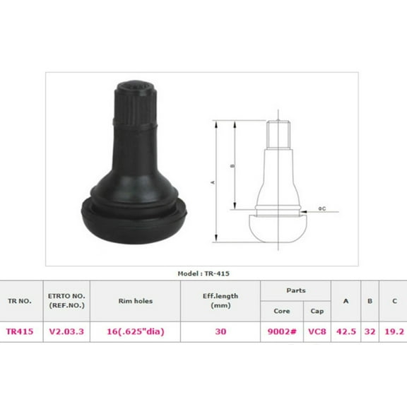 LOT 100 TR 415 Rubber Snap-In Rim Holes 0.625 5/8" Lenght 1-1/4" Tire Valves