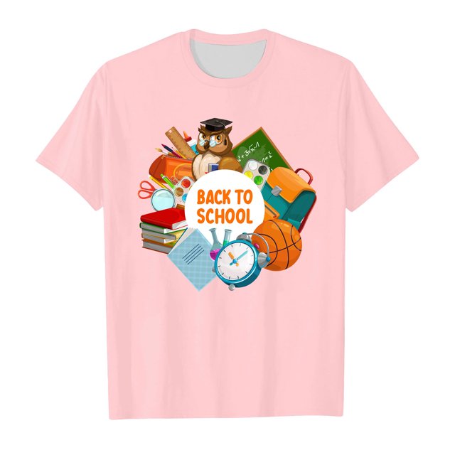 Girls Shirts Short Sleeved Soft Comfortable Back To School Pattern Cartoon Wearing Girls' Tops, Tees Pink 6 Years-7 Years