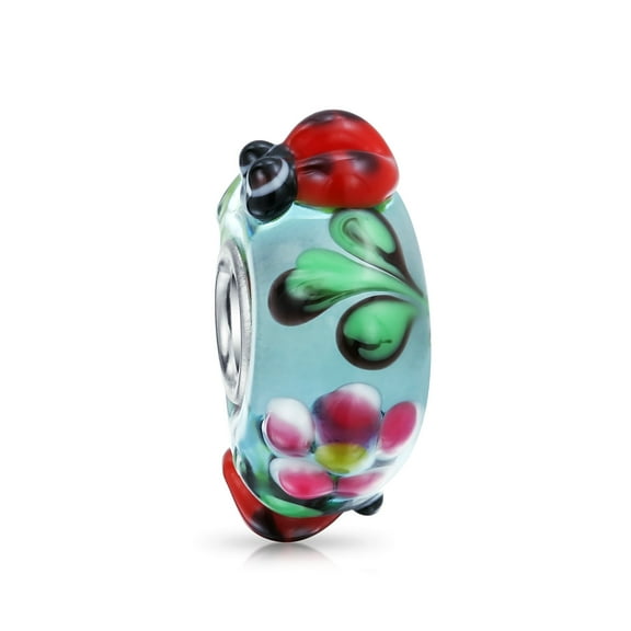 Bling Jewelry Womens Ladybug Insect Flower Glass Charm Bead for European Bracelet Silver Core