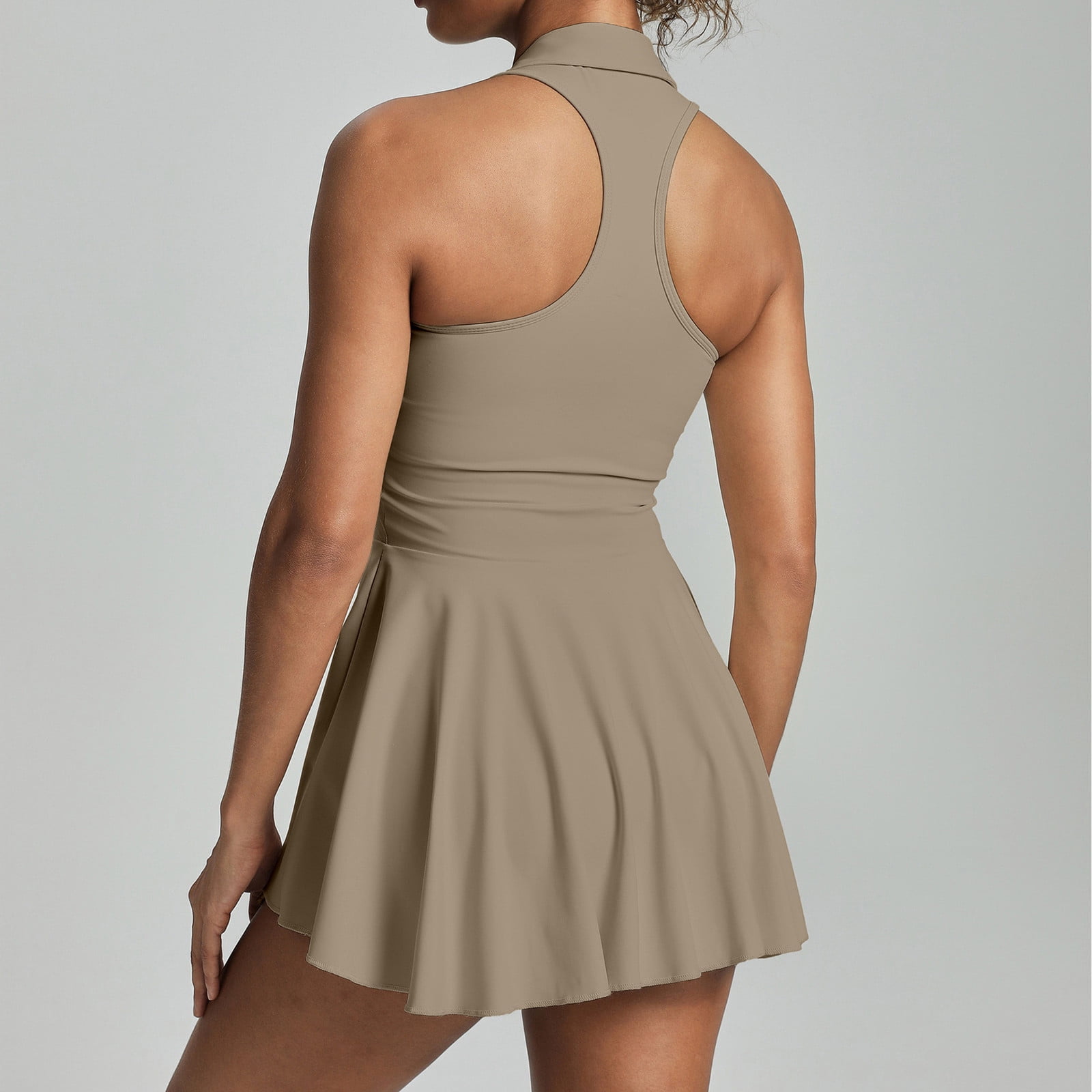 Qgtaibl Womens Workout V Neck Dresses Tummy Control Stretch Lapel Collar Mini Dress Fashion Pleated Flowy Tennis Dress Lightweight Breathable Athletic Dress Khaki L