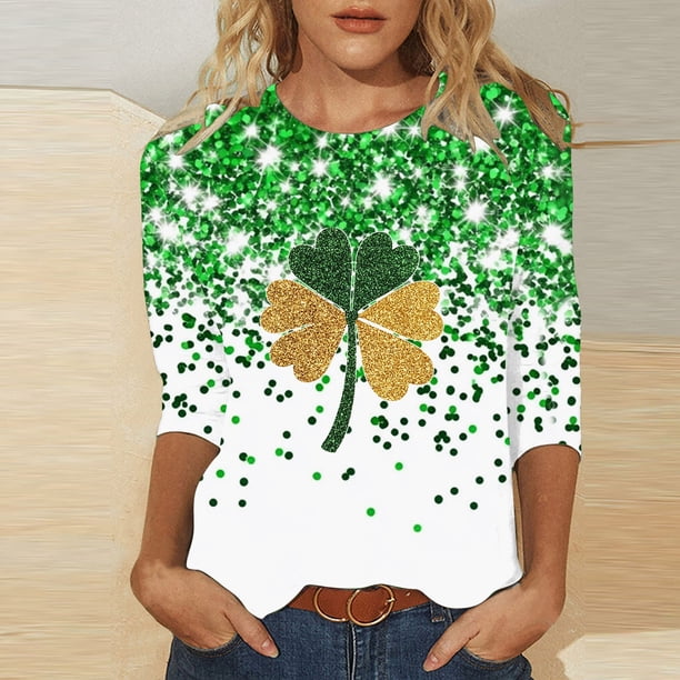 TaTaai Women's Irish Holiday T-Shirt Round Neck 3/4 Sleeve Loose Fit Green Print St. Patrick's Day Theme Casual Spring Top Gift