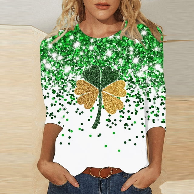 TaTaai Women's Irish Holiday T-Shirt Round Neck 3/4 Sleeve Loose Fit Green Print St. Patrick's Day Theme Casual Spring Top Gift