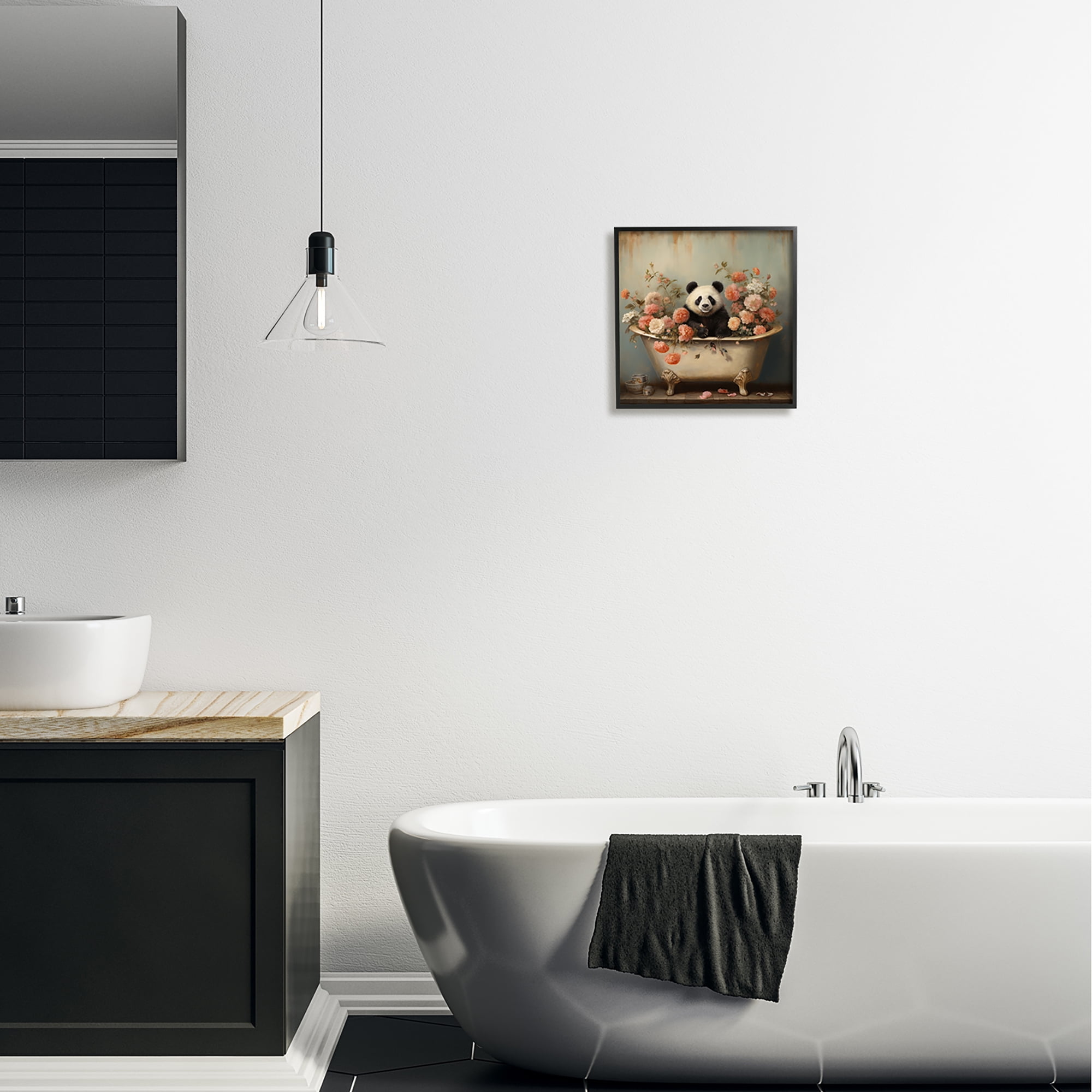 Stupell Industries Panda Bathtub & Blooms Animals & Insects Painting Black Framed Art Print Wall Art, 12 x 12
