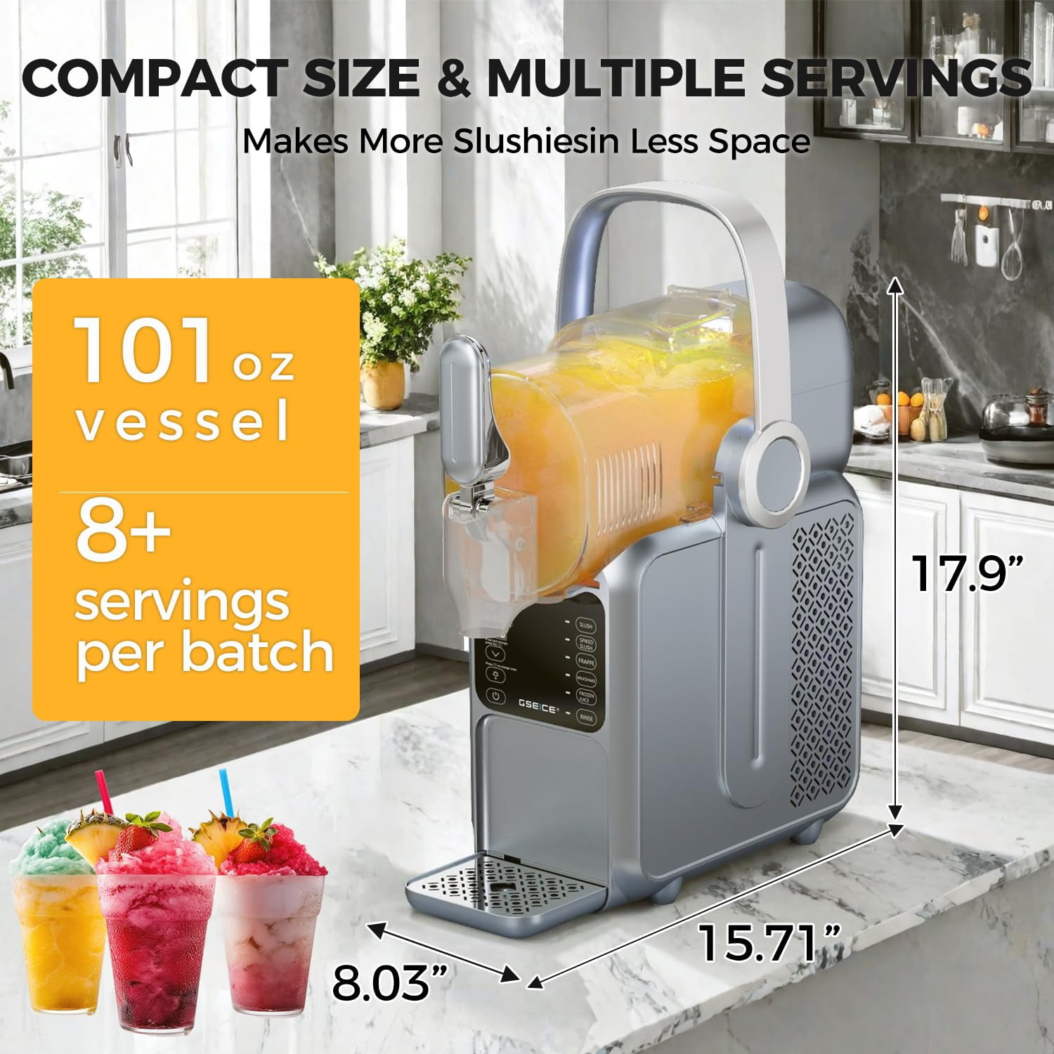 Slushie Machine 101oz No Ice Needed, Slushy Machine for Home with Portable Handle-Gray, Frozen Drink Machine with 5 Preset Programs for Margaritas, Frappés, Milk Shake and More, LED Display