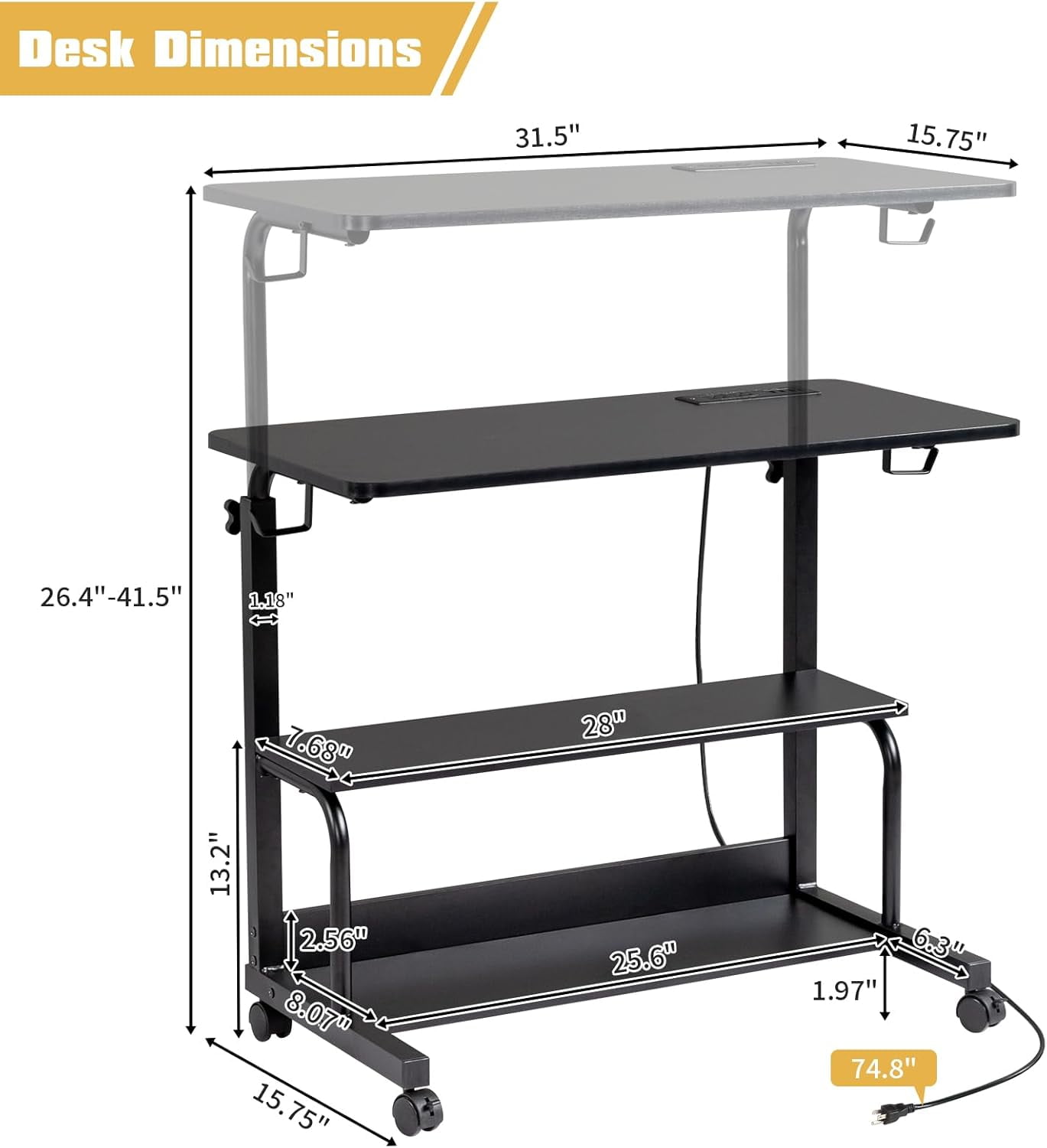 JessieMal 31.5" Portable Rolling Desk on Wheels,Height Adjustable Standing Desk with 2 AC Outlets/3 USB Ports,Mobile Laptop Table with Hooks and Storage Shelves for Home Office，Black