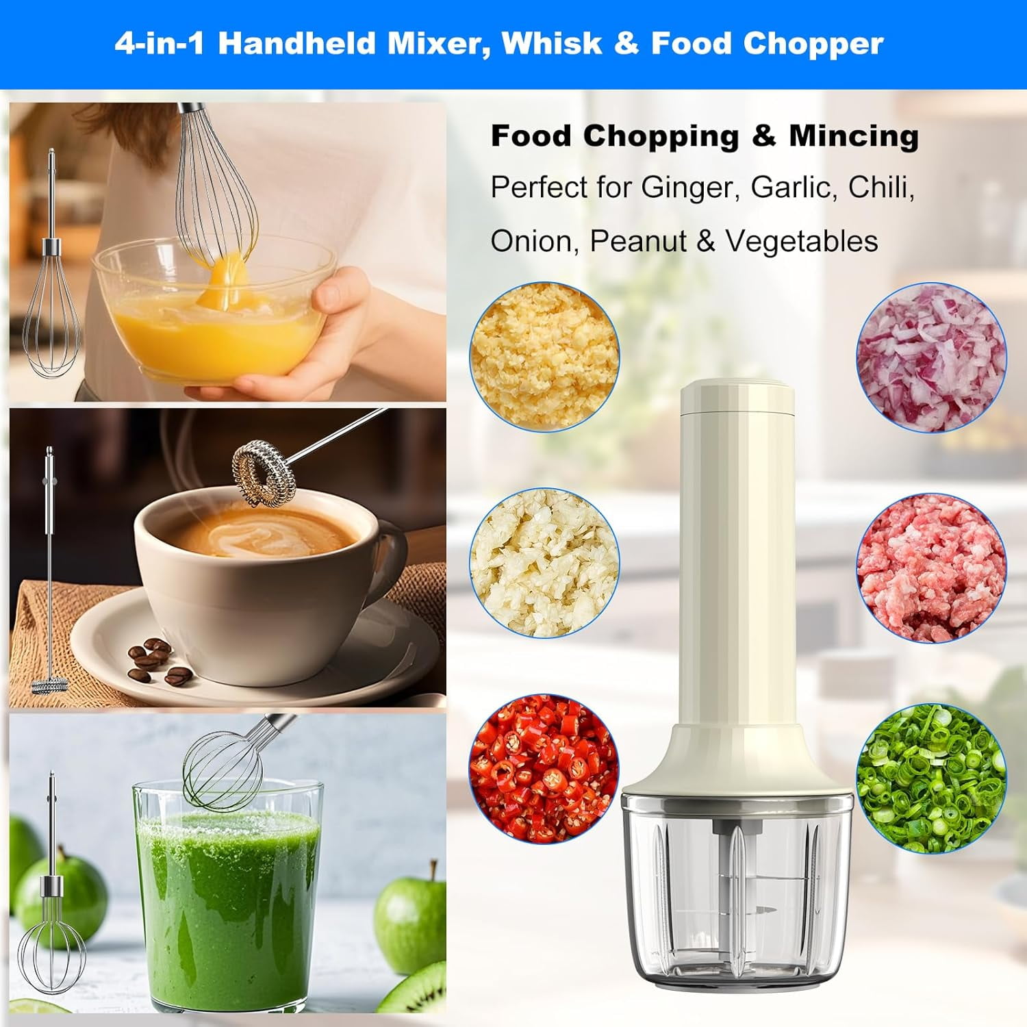 Cordless Hand Mixer MixgoII, Handheld Electric Whisk & Milk Frother, Held Mini Mixers, Rechargeable and Whisker, Food Processor for Cooking, Chopper, 4-Speed, 10Oz