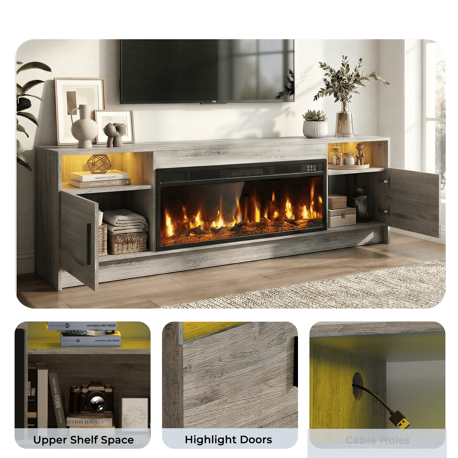 Flictozena 70" TV Stand with 36-Inch Electric Fireplace, Adjustable LED Lights & Storage | Fits TVs Up to 80 Inches | Modern Entertainment Center with Gray Doors