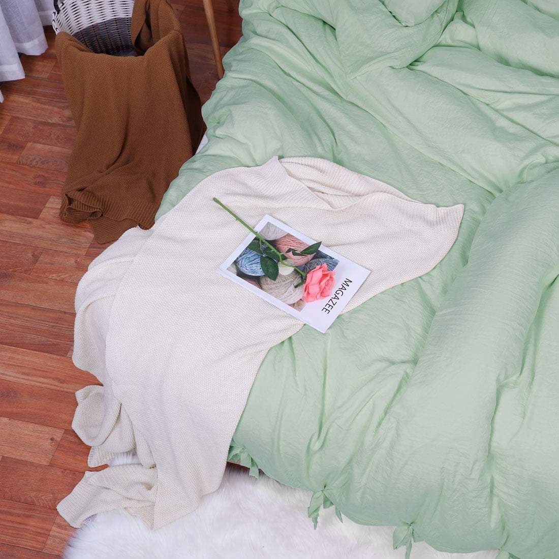 Unique Bargains Washed Cotton Bed Strap Duvet/Quilt Cover Sets Green