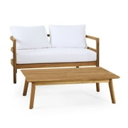 GDF Studio Aggie Outdoor Acacia Wood Loveseat and Coffee Table Set with Cushions, Teak and White