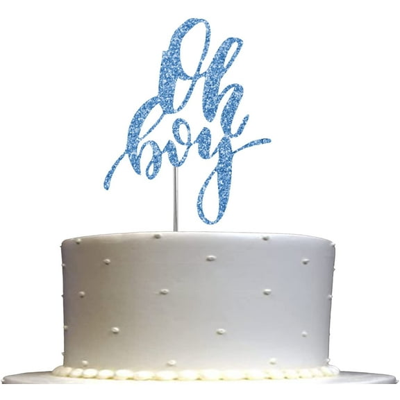 Oh Boy Cake Topper Blue Glitter, Baby Shower Party Decoration, Sturdy Doubled Sided Glitter, Acrylic Stick. Made in USA