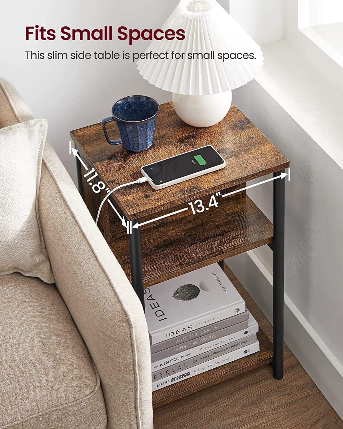 Side Table with Charging Station, 3-Tier End Table Nightstand for Living Room Bedroom Rustic Brown and Black