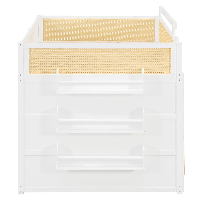 Full-Over-Full Bunk Bed with Bedside 3-Tier Storage Bookshelf, Teens/Kids Rattan Guardrail Bed Frame with Curtain & Light