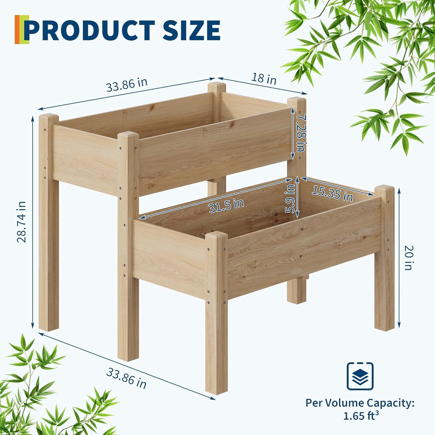 Riedhoff 2 Tier Wooden Raised Garden Bed with Legs, 33.86 x 33.86 x 28.74", 8 Drainage Holes, Oak