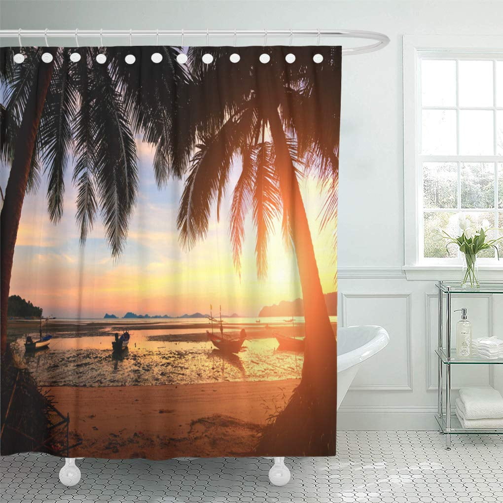 Cynlon Sunset Over The Tropical Beach Coconut Palm And Boat Bathroom Decor Bath Shower Curtain 66x72 Inch Walmart Com Walmart Com