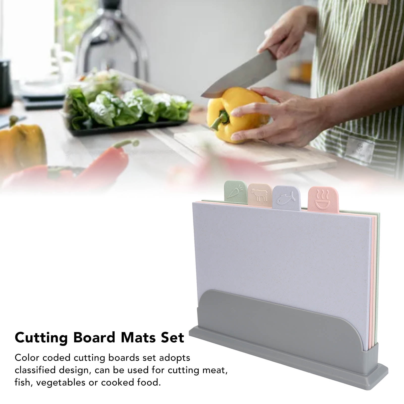 YAHHU 4-Piece Color Coded Plastic Cutting Board Set with Storage Holder Double Sided Chopping Mats Reversible Kitchen Prep Boards Multicolor 12.6 inches / 32 cm