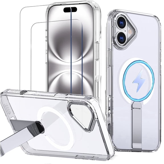 for iPhone 16 Magnetic Case,Compatible with Magsafe,Slim Adjustable Stand,2X Screen Protector,Shockproof Anti-Yellow Cover For iPhone 16 6.1"(Clear)