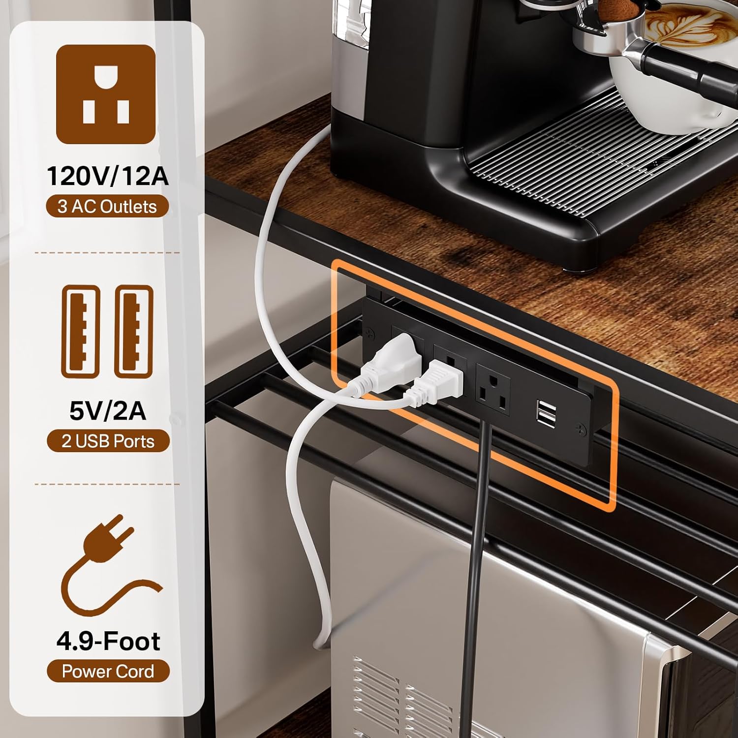 Kitchen Shelf Bakers Rack with Power Outlet, Mini Fridge and Microwave Stand Coffee Bar Table with S-Hooks, Storage Shelf Rack for Spices, Pots and Pans - Rustic Brown