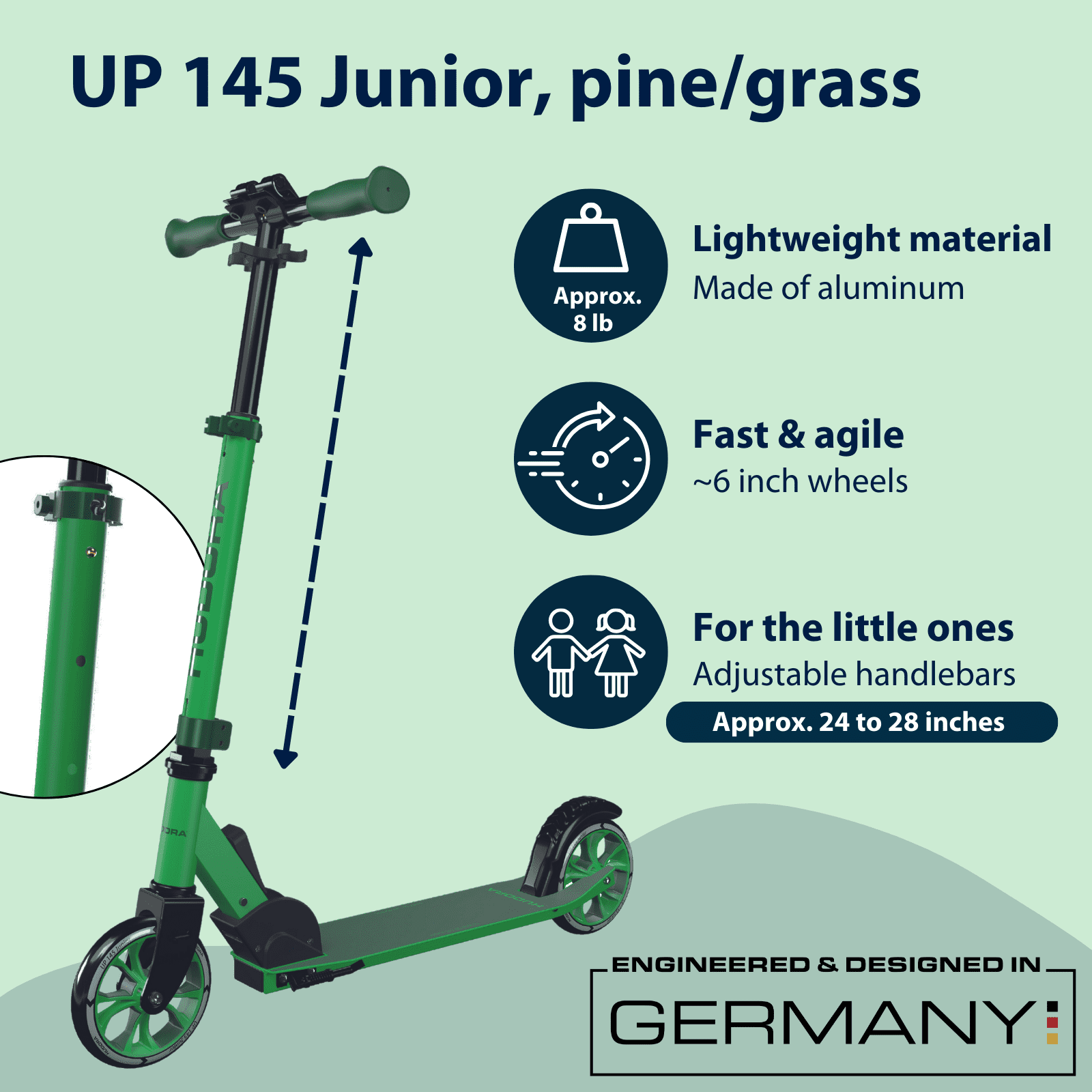 Hudora Scooter up 145 (57") Junior Green - Lightweight - Age 3+ - up to 132lb