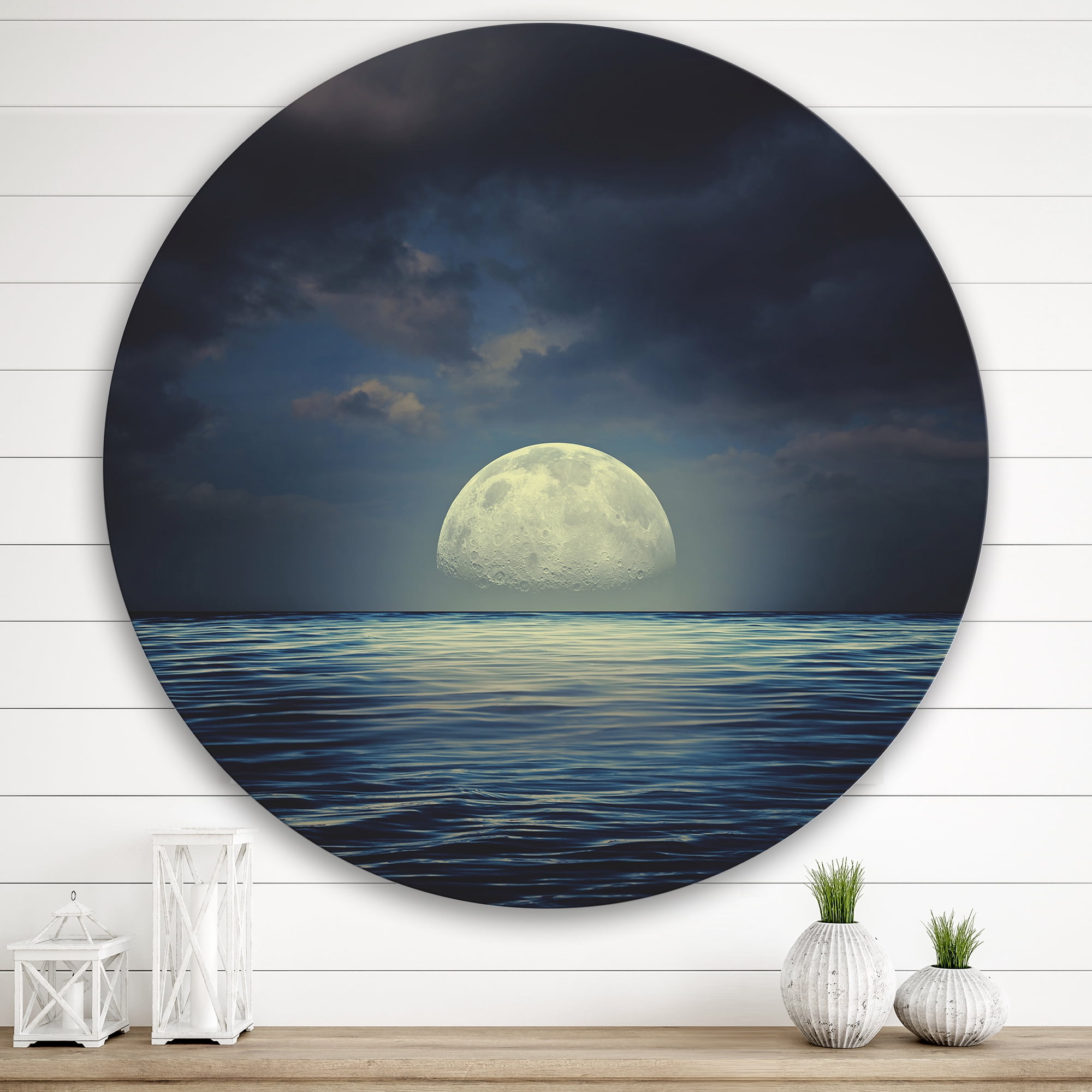 Designart 'Super Moon Over The Blue Sea' Nautical & Coastal Circle Metal Wall Art 36x36 - Disc of 36