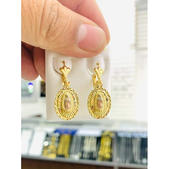 14K Gold Filled Virgen de Guadalupe Earrings Lever Back Dangle Jewelry Womens Diamond Cut