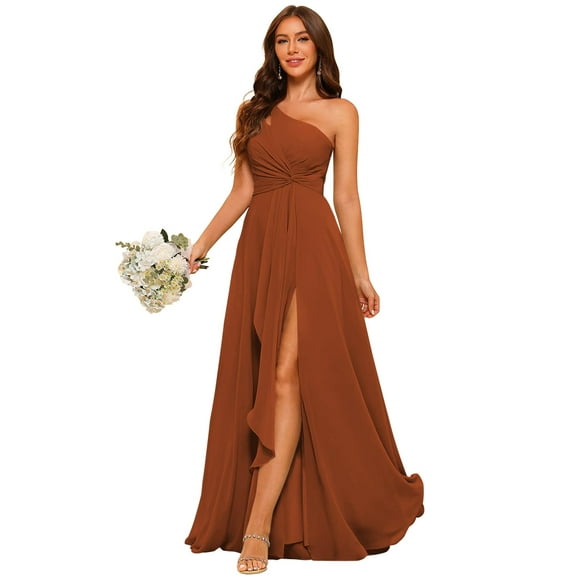 Vestido de dama de honor ROSETOO 2025 de chifón con un hombro naranja 20W