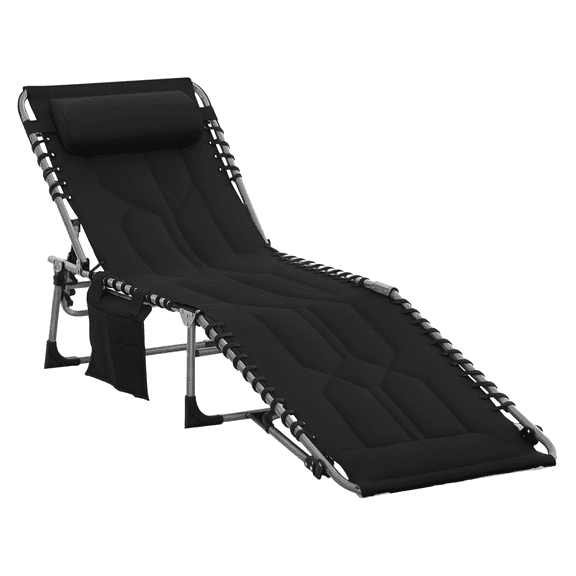 Padded Folding Chaise Lounge Chair, Outdoor Reclining Beach Chair with Headrest, 6-Position Camping Tanning Chair for Patio, Pool, Yard - Black