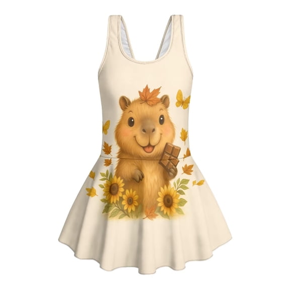 FUIALDOLG Cartoon Capybara Theme Swimwear Pink Kids One Piece Swimsuit for Girl Age 3-13 Crewneck Sleeveless Swim Dress Soft Quick Drying Athletic Bathing Suit for Surfing,School Pool Party,3-4Y