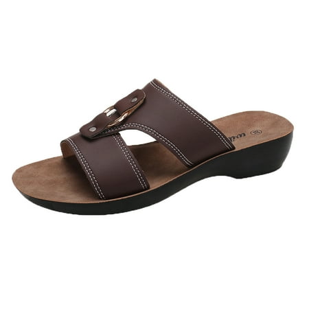 

Youmylove Women Slide Slippers Fashion Summer Solid Color Leather Metal Buckle Open Toe Thick Sole Sandals Leisure Ladies Cozy Daily Walking