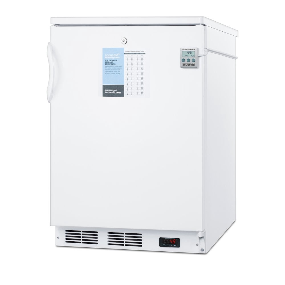 24" wide freestanding all-refrigerator in white, auto defrost with a lock, NIST calibrated thermometer, digital thermostat, and internal fan
