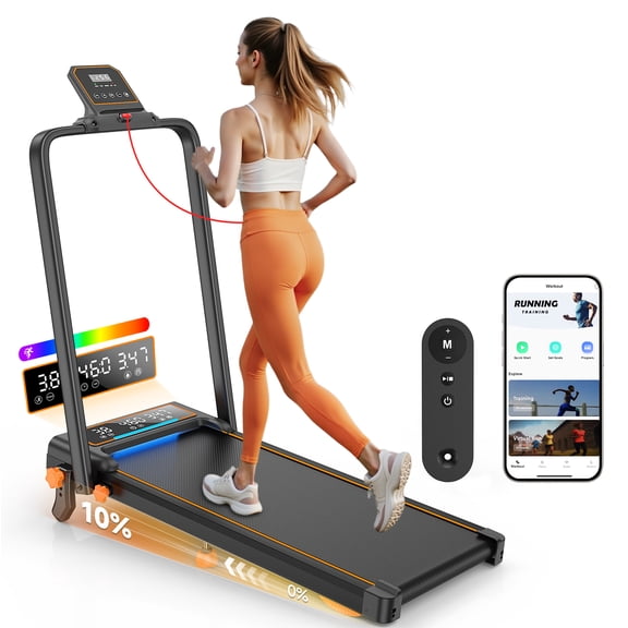 Walking Pad Treadmill with 15% Incline & Dual LED Display, 4 in 1 Walking Pad with Handle Bar, 3.5HP Foldable Treadmill with Incline, Treadmills for Home 350LBS, 4 Adjustable Incline, RGB Light