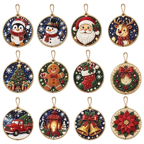 ALOEWXXR 12PCS Christmas Pearl Diamond Painting Art Ornaments Kit, All-Inclusive DIY Gem Craft Set with Twine for Christmas Tree Window Decor Wall Wreath